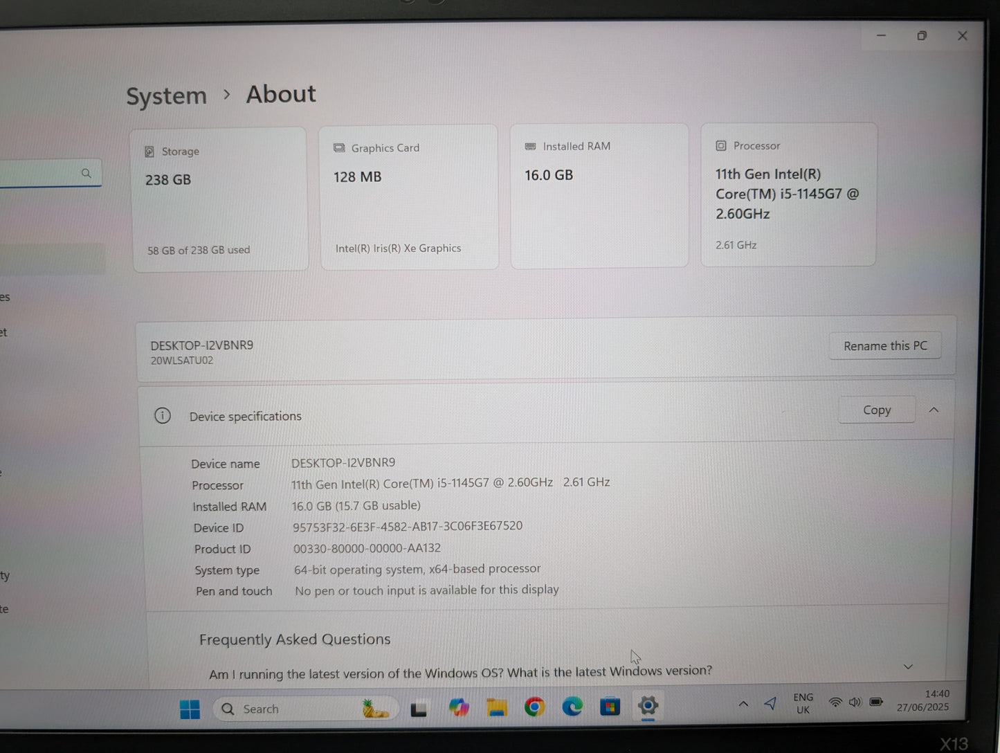 Lenovo ThinkPad X13 Gen 2 13" FHD Laptop, i5-1145G7 2.60GHz, 16GB, 256GB