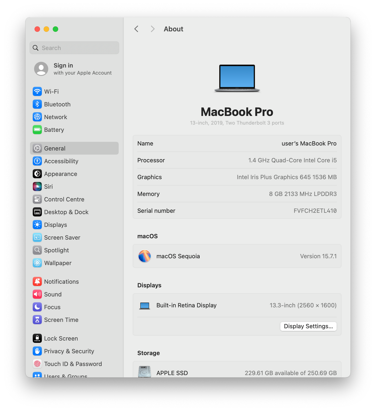Apple MacBook Pro A2159 13" 2019 Laptop, Quad-Core i5 1.4GHz, 8GB, 256GB SSD