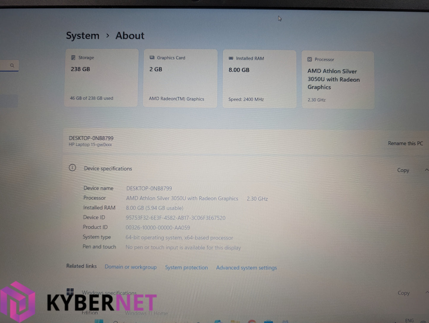 HP 15-gw0502sa 15.6" FHD Laptop, AMD Athlon Silver 3050U 2.30GHz, 8GB, 256GB