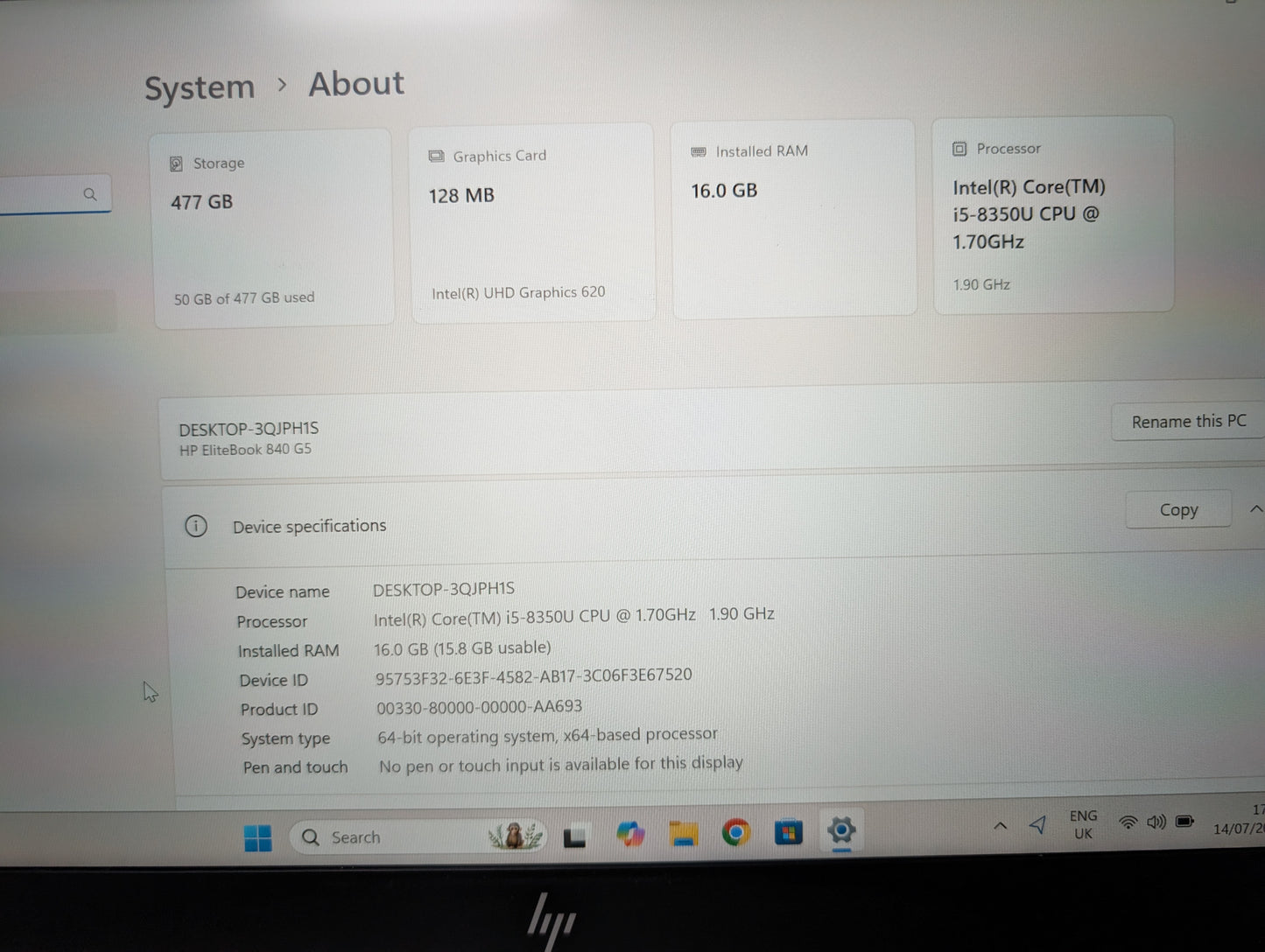 HP EliteBook 840 G5 14" FHD Laptop, i5-8350U 1.70GHz, 16GB, 512GB, Win 11