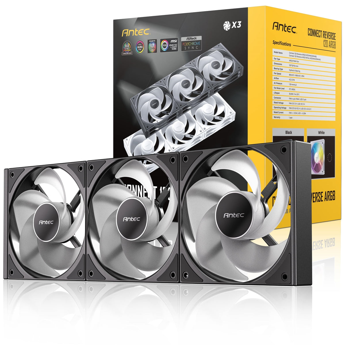 Antec Connect 120 ARGB Reverse 3-Pack 120mm PWM Fans (Black)