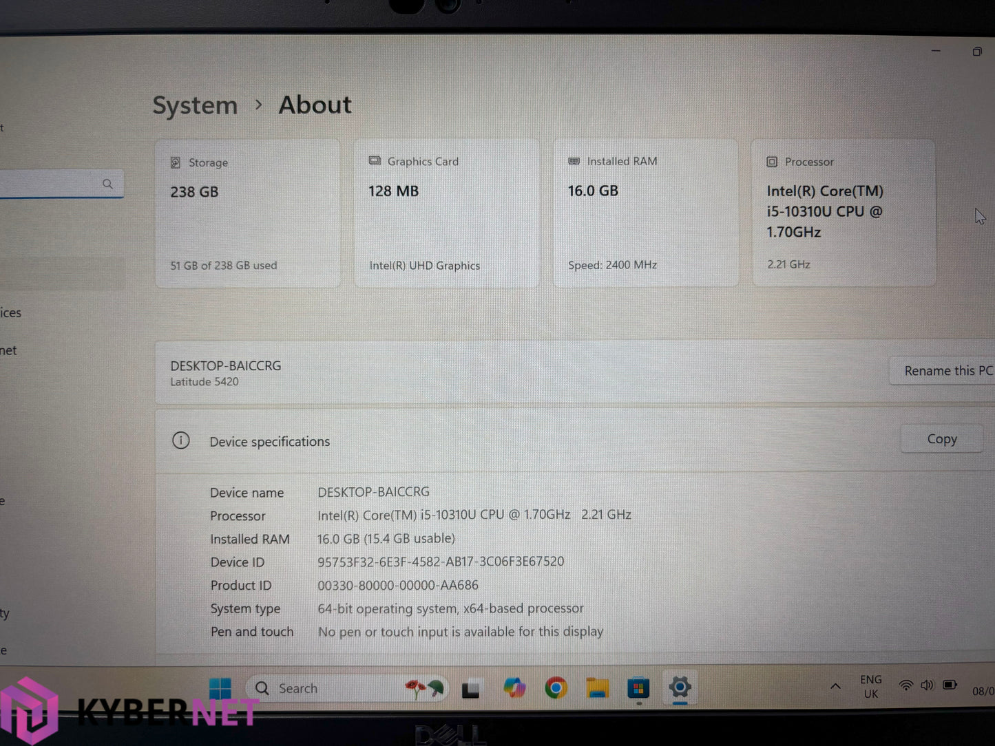 Dell Latitude 5420 14" FHD Laptop, i5-10310U 1.70GHz, 16GB, 256GB SSD