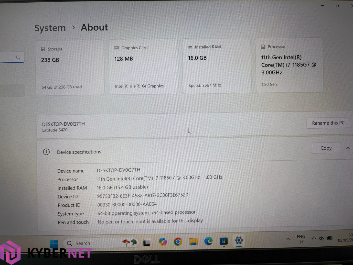 Dell Latitude 5420 14" FHD Laptop, i7-1185G7 3.00GHz, 16GB, 256GB SSD