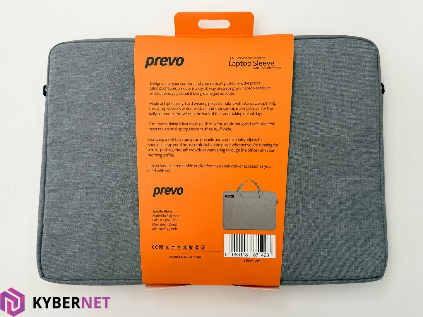 Prevo 15.6" Water Resistant Laptop Sleeve with Shoulder Strap - Black / Grey