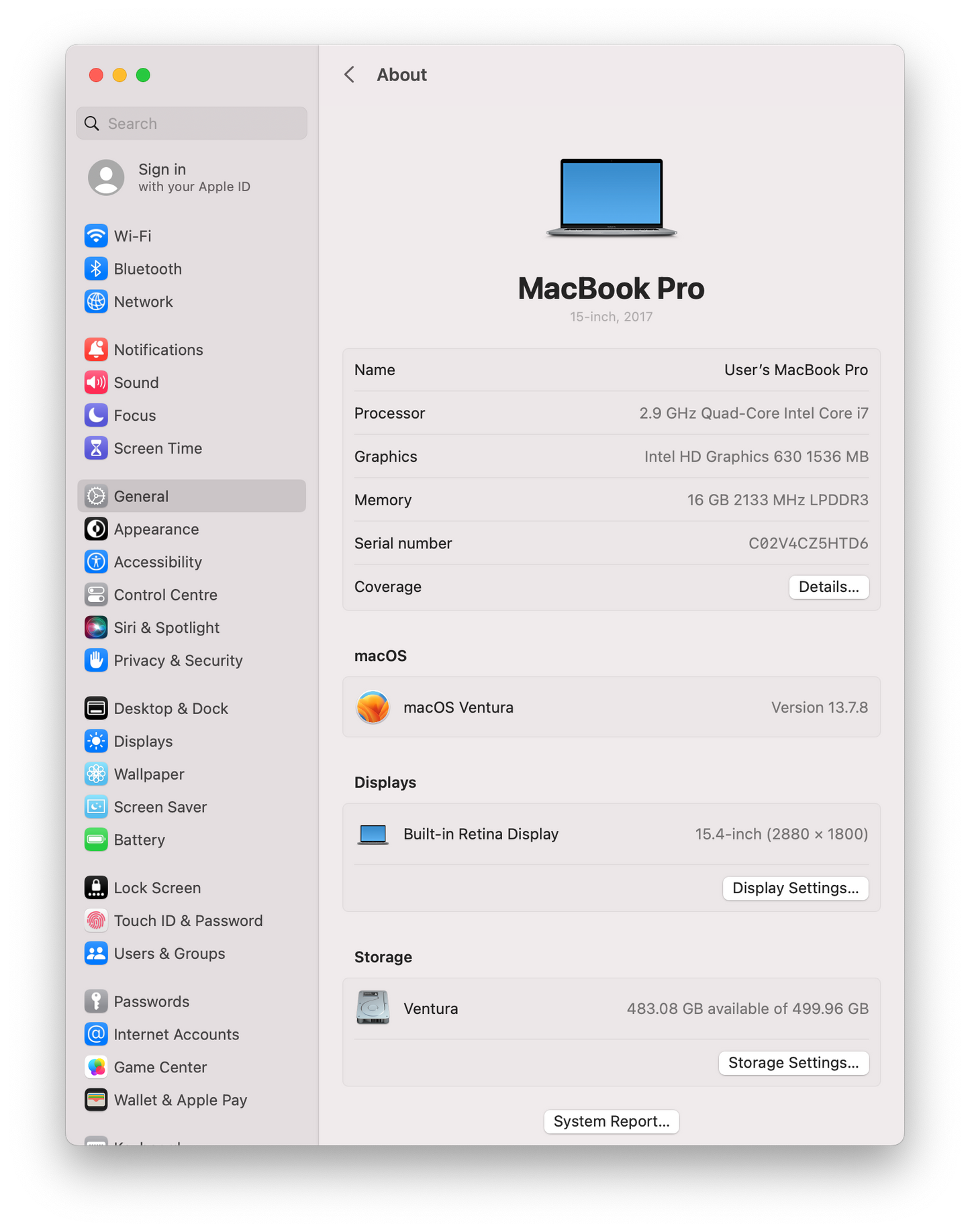 Apple MacBook Pro A1707 15" 2017, Quad-Core i7 2.9GHz, 16GB, 512GB SSD, Pro 560