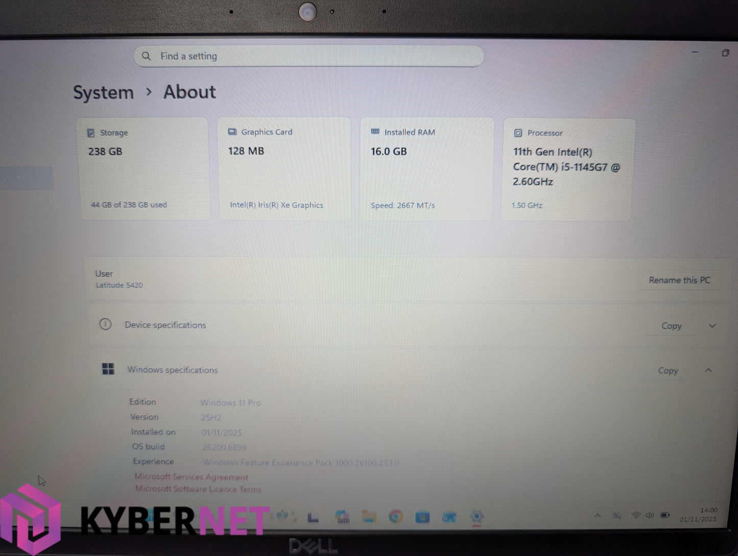 Dell Latitude 5420 14" HD Laptop, i5-1145G7 2.60GHz, 16GB, 256GB