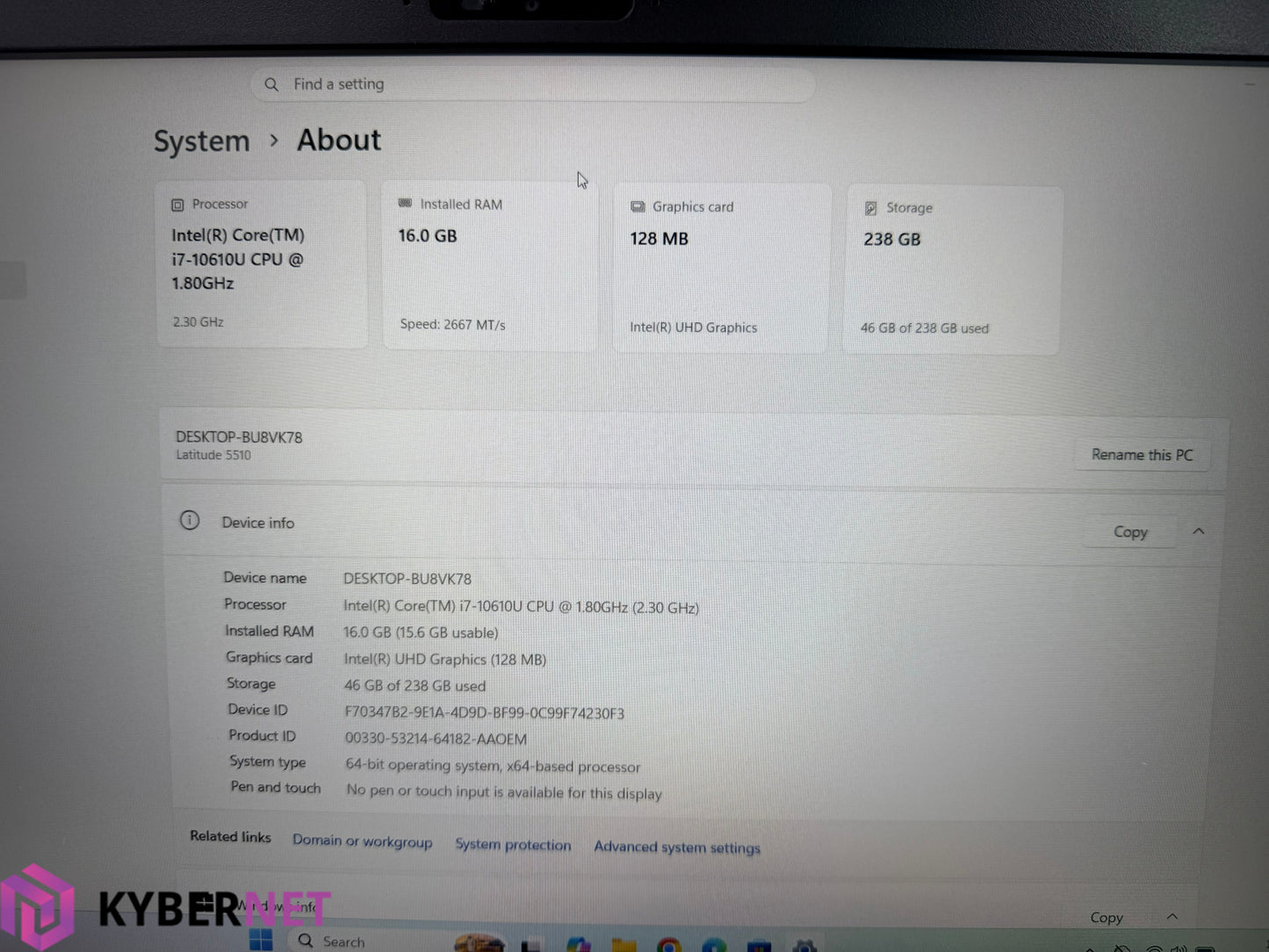 Dell Latitude 5510 15.6" FHD Laptop, i7-10610U 2.30GHz, 16GB, 256GB, Win 11 Pro