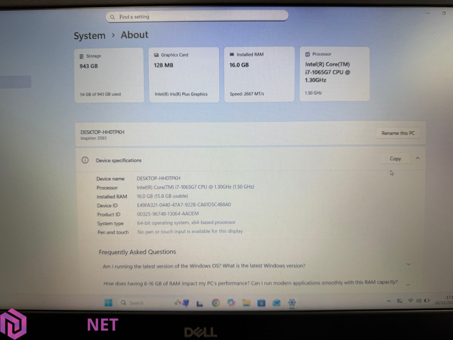 Dell Inspiron 3593 15.6" FHD Laptop, i7-1065G7 1.30GHz, 16GB, 512GB SSD+512GB HDD