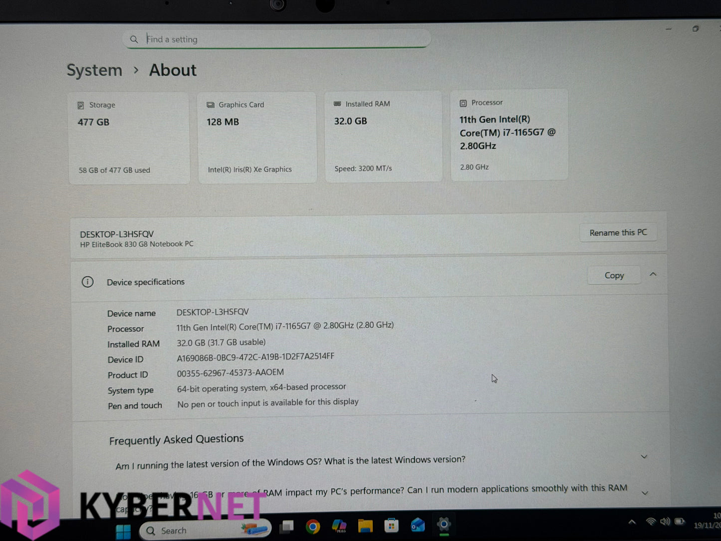 HP EliteBook 830 G8 13.3" FHD Laptop, i7-1165G7 2.80GHz, 32GB, 512GB, Win 11