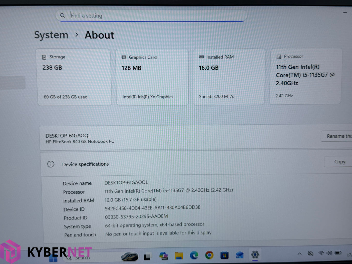 HP EliteBook 840 G8 14" FHD Laptop, i5-1135G7 2.40GHz, 16GB, 256GB, Win 11
