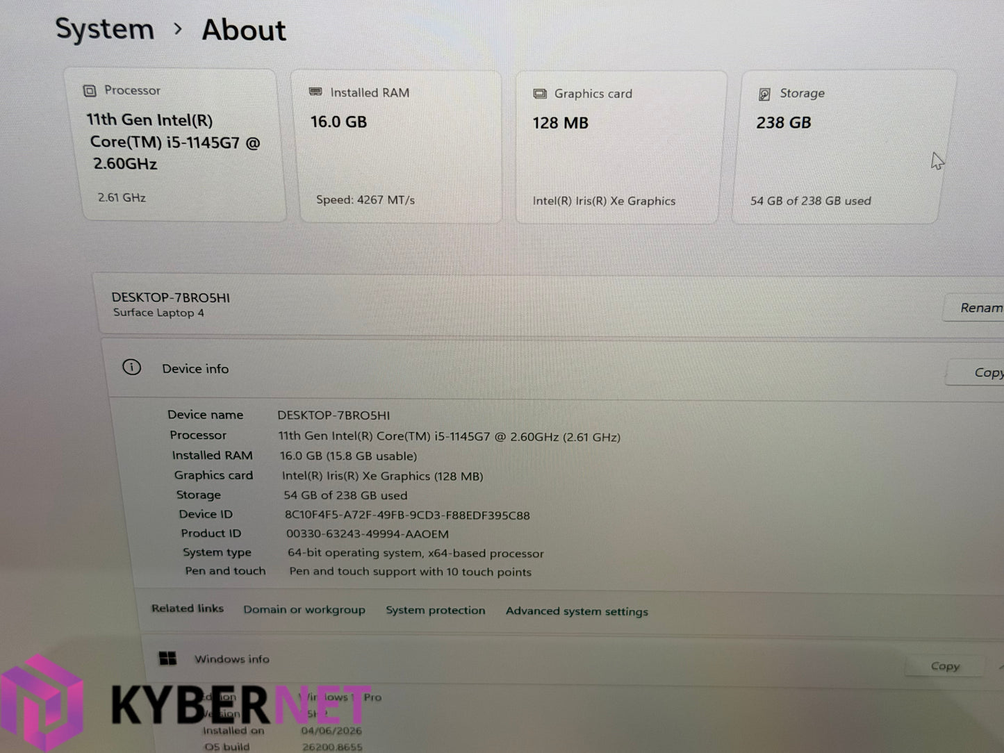 Microsoft Surface Laptop 4 13.5" QHD Touch Laptop, i5-1145G7 2.60GHz, 16GB, 256GB