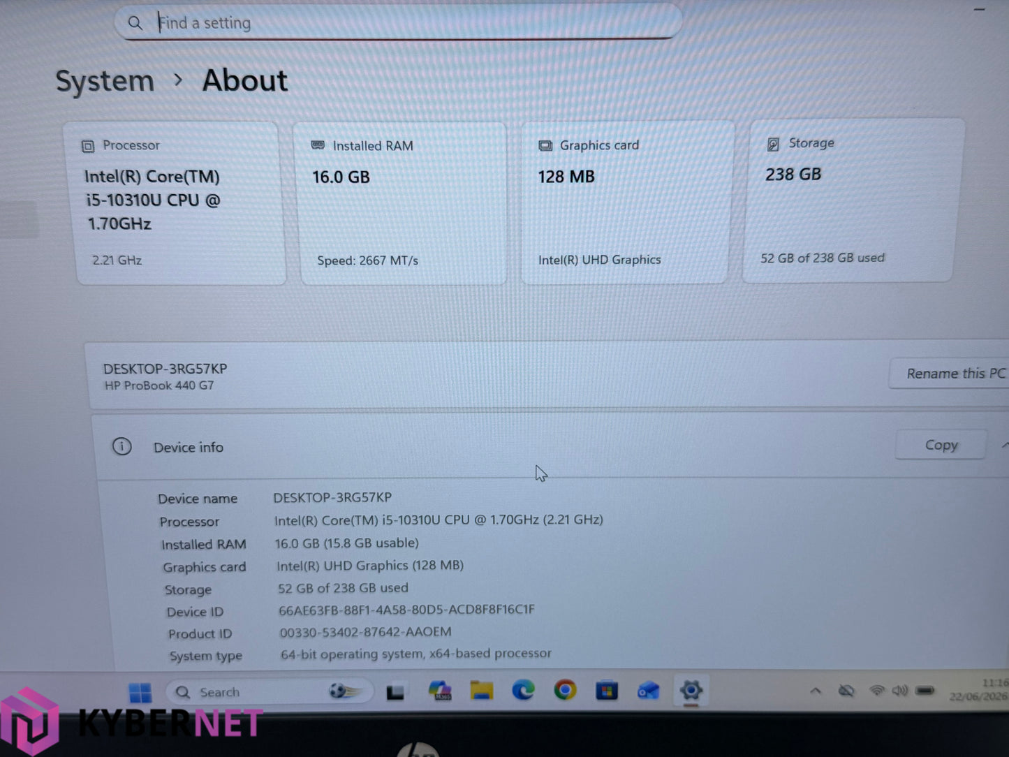 HP ProBook 440 G7 14" FHD Laptop, i5-10310U 1.70GHz, 16GB, 256GB, Win 11