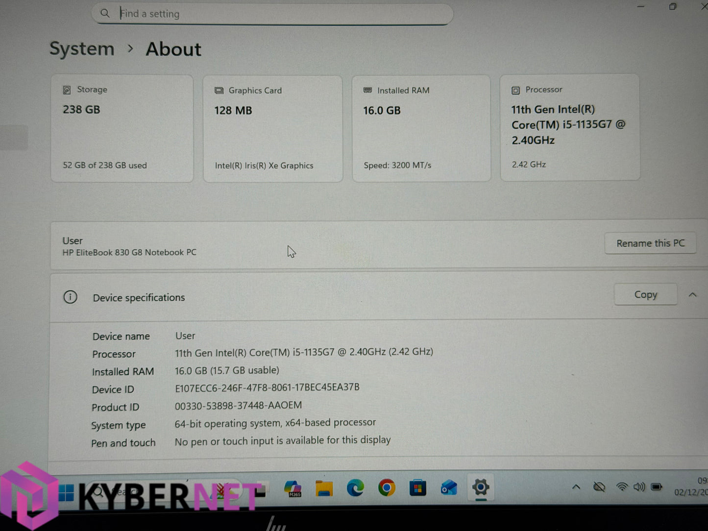HP EliteBook 830 G8 13.3" FHD Laptop, i5-1135G7 2.40GHz, 16GB, 256GB, Win 11