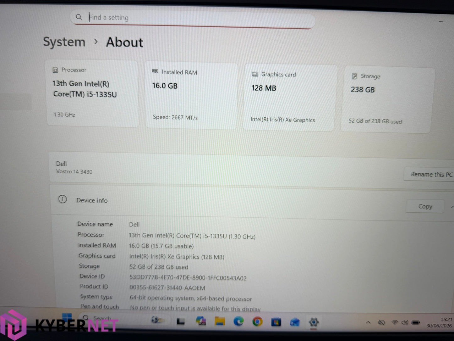 Dell Vostro 14 3430 14" FHD Laptop, i5-1335U 1.30GHz, 16GB, 256GB, Win 11