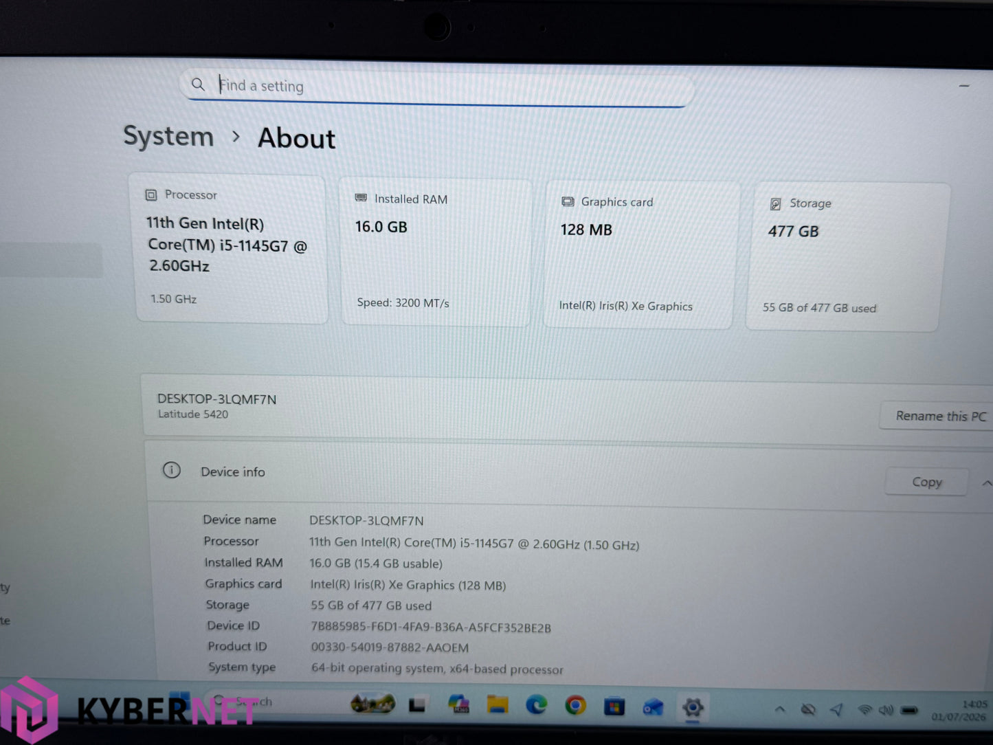Dell Latitude 5420 14" FHD Laptop, i5-1145G7 2.60GHz, 16GB, 512GB