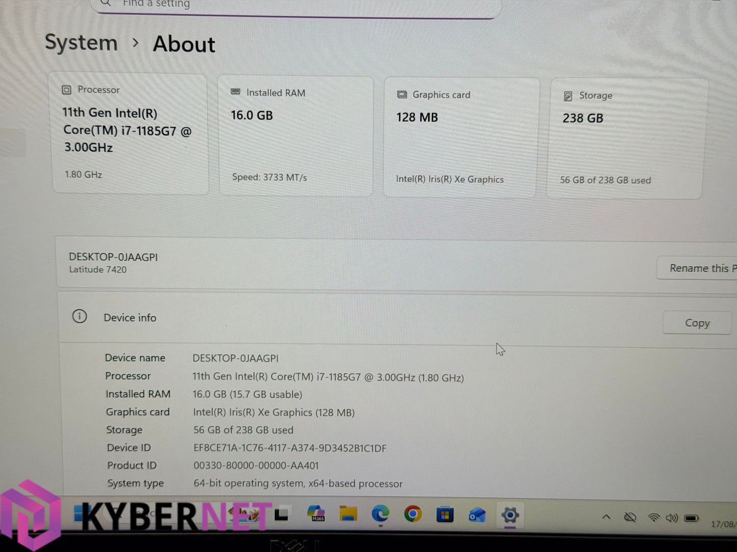 Dell Latitude 7420 14" FHD Laptop, i7-1185G7 3.00GHz, 16GB, 256GB, Win 11