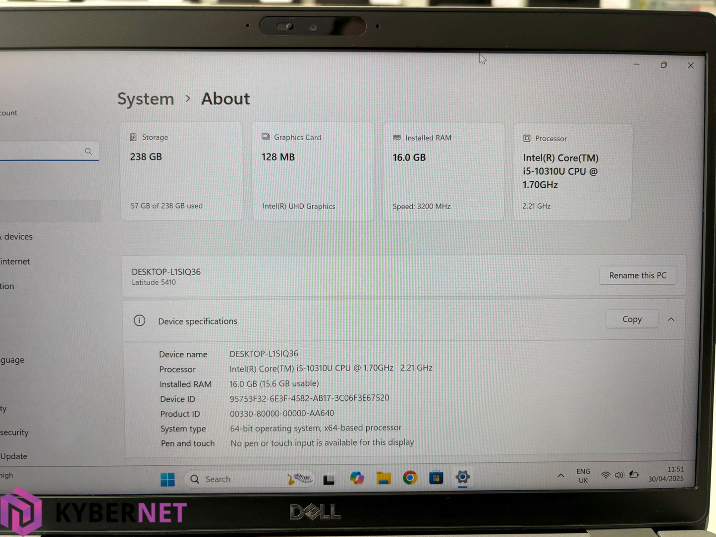 Dell Latitude 5410 14" FHD Laptop, i5-10310U 1.70GHz, 16GB, 256GB SSD