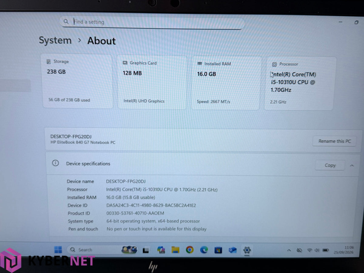 HP EliteBook 840 G7 14" FHD Laptop, i5-10310U 1.70GHz, 16GB, 256GB, Win11