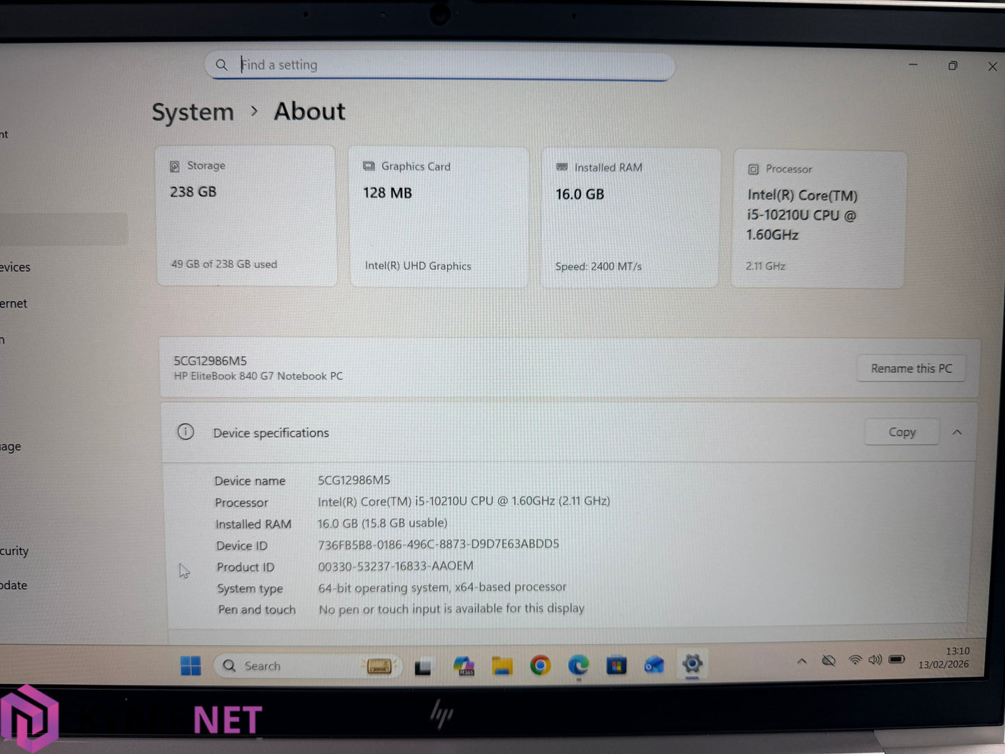 HP EliteBook 840 G7 14" FHD Laptop, i5-10210U 1.60GHz, 16GB, 256GB