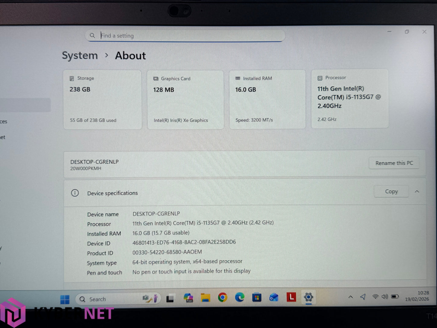 Lenovo ThinkPad T14 Gen 2 14" FHD Laptop, i5-1135G7 2.40GHz, 16GB, 256GB
