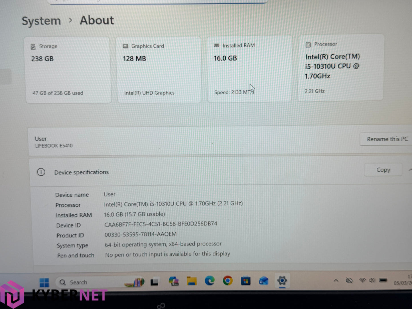 Fujitsu Lifebook E5410 14" FHD Laptop, i5-10310U 1.70GHz, 16GB, 256GB