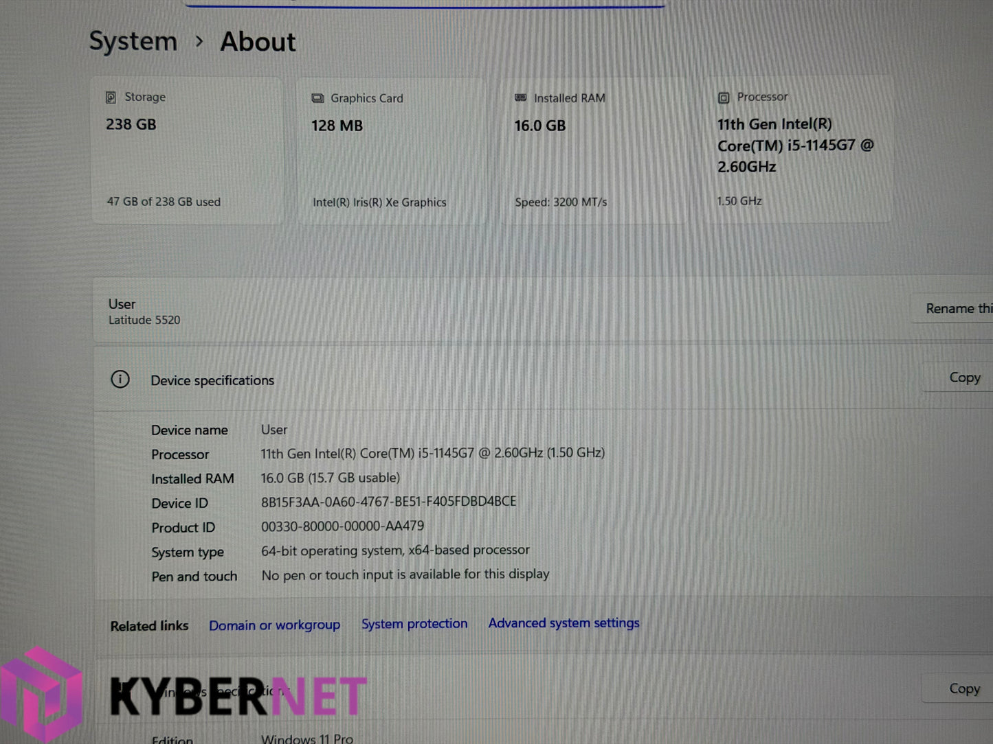 Dell Latitude 5520 15.6" FHD Laptop, i5-1145G7 2.60GHz, 16GB, 256GB