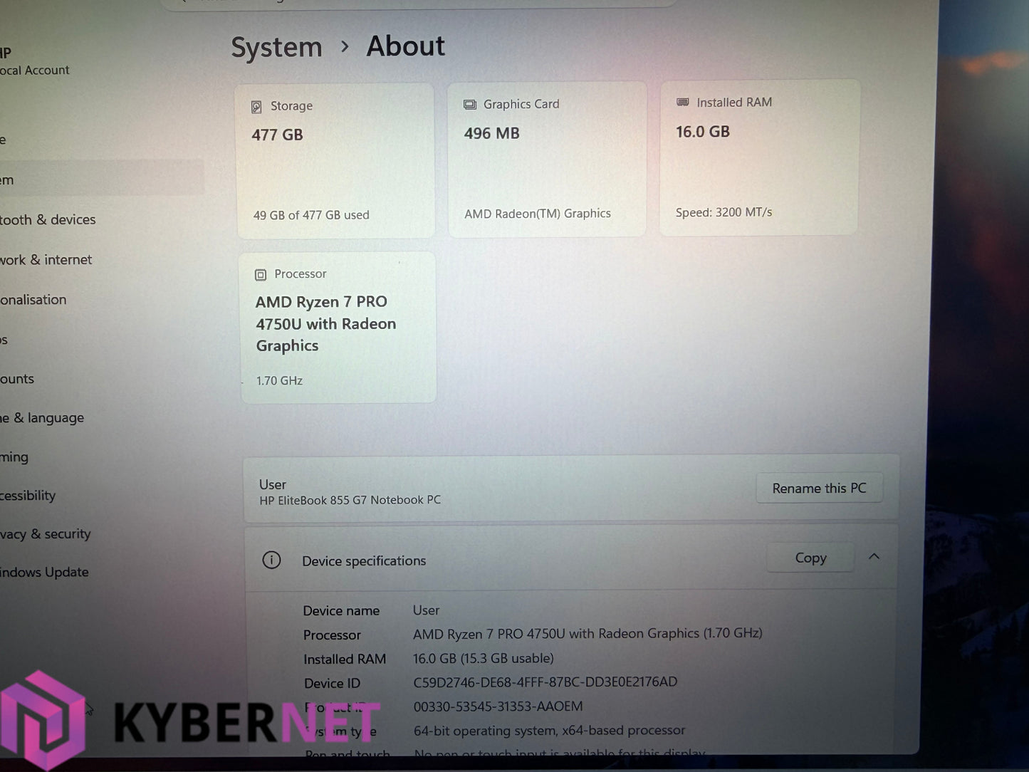 HP EliteBook 855 G7 15.6" FHD Laptop, Ryzen 7 Pro 4750U 1.70GHz, 16GB, 512GB