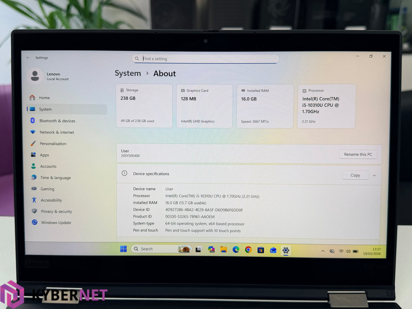 Lenovo ThinkPad X13 Yoga Gen 1 13.3" FHD Touchscreen Laptop, i5-10310U 1.70GHz, 16GB, 256GB