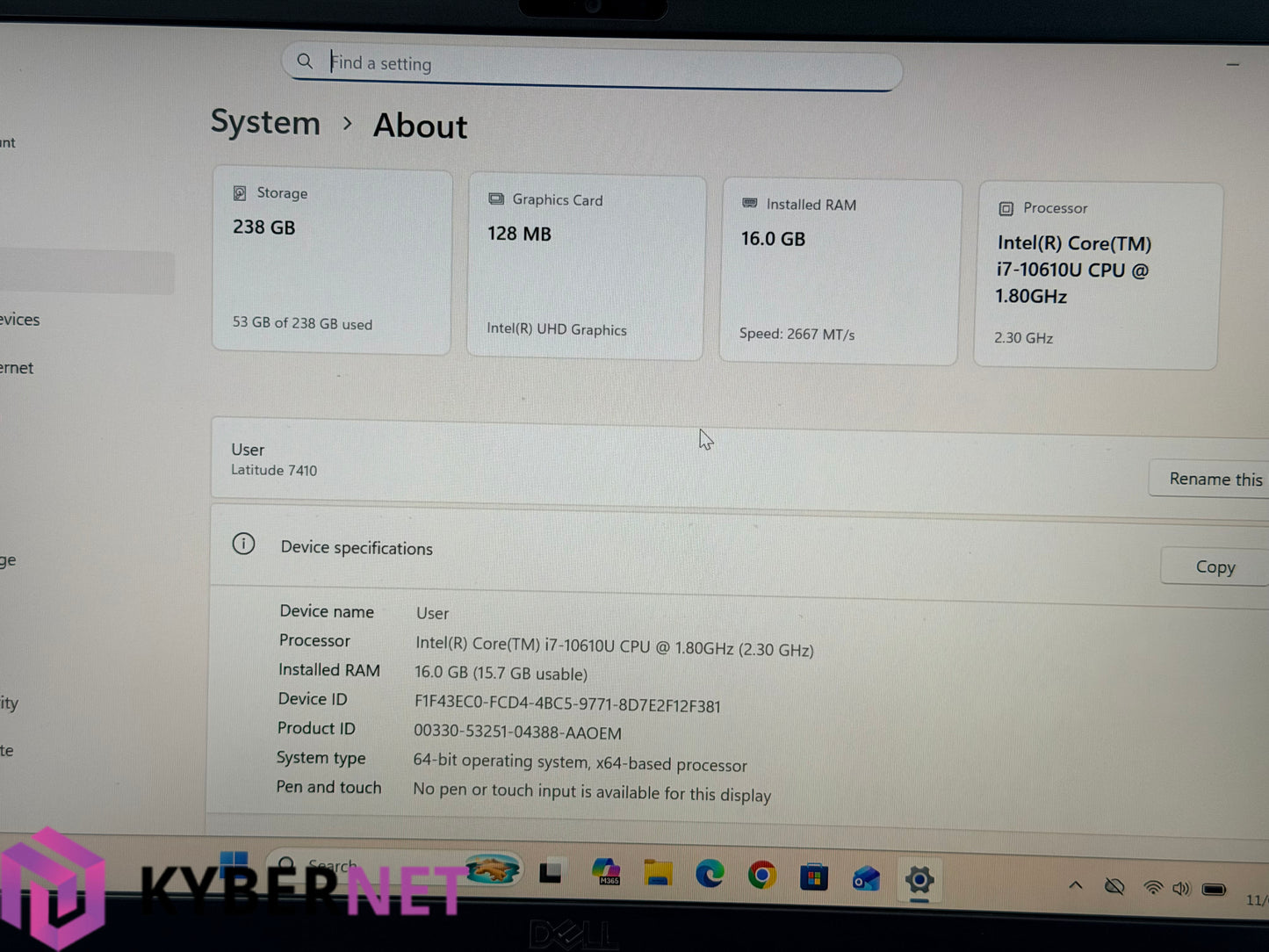 Dell Latitude 7410 14" FHD Laptop, i7-10610U 1.80GHz, 16GB, 256GB