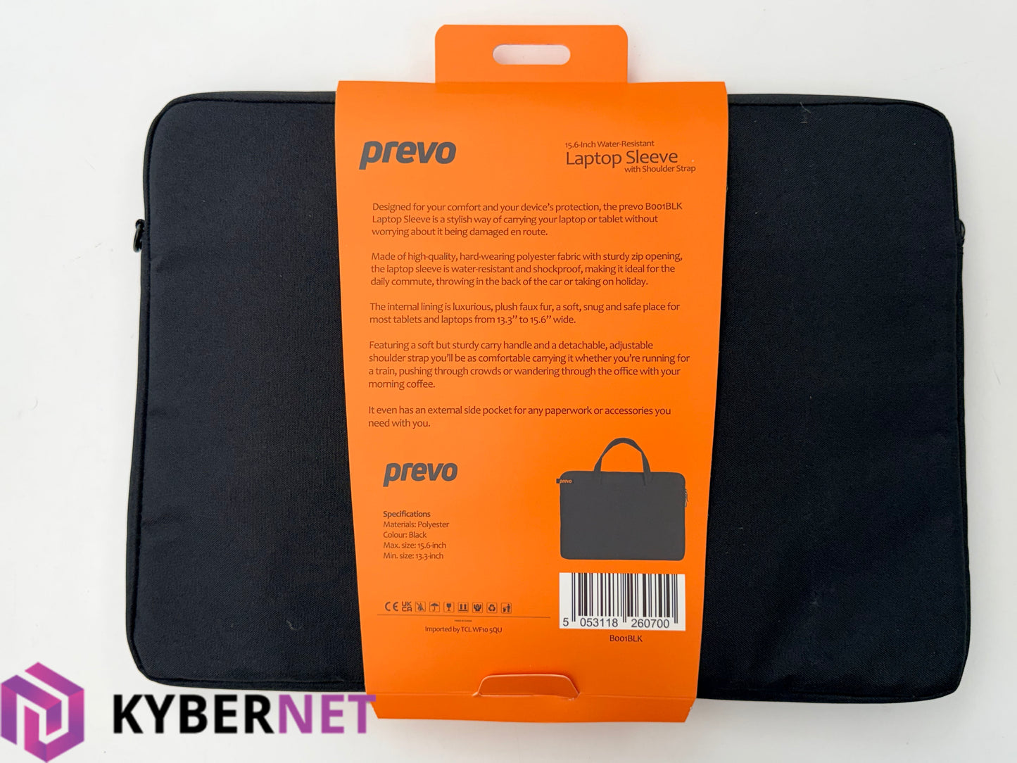 Prevo 15.6" Water Resistant Laptop Sleeve with Shoulder Strap - Black / Grey