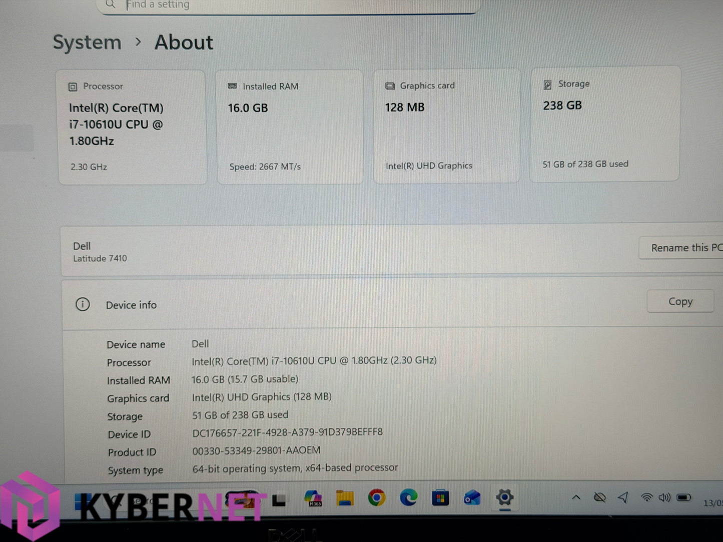Dell Latitude 7410 14" FHD Laptop, i7-10610U 1.80GHz, 16GB, 256GB