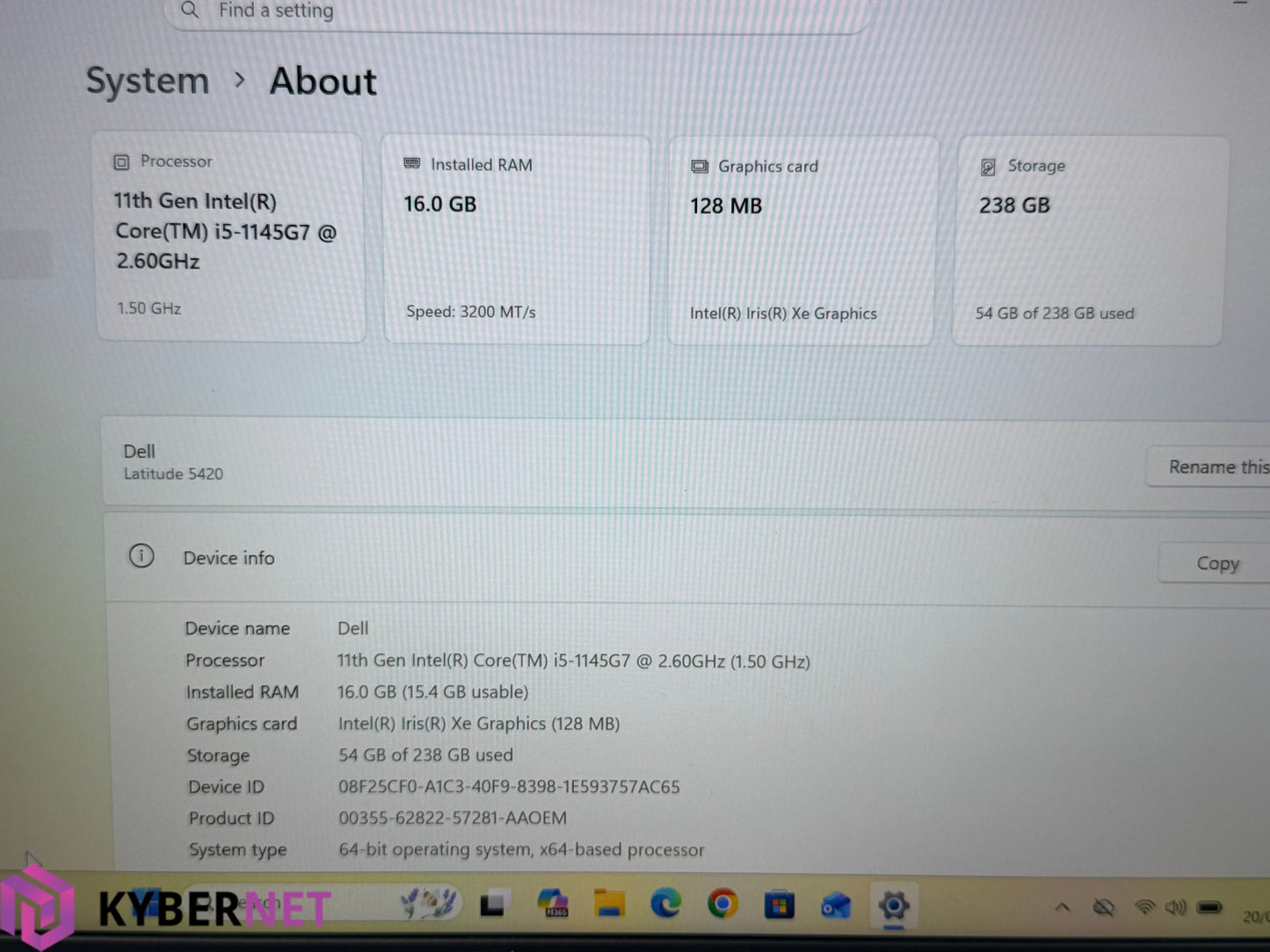 Dell Latitude 5420 14" FHD Laptop, i5-1145G7 2.60GHz, 16GB, 256GB