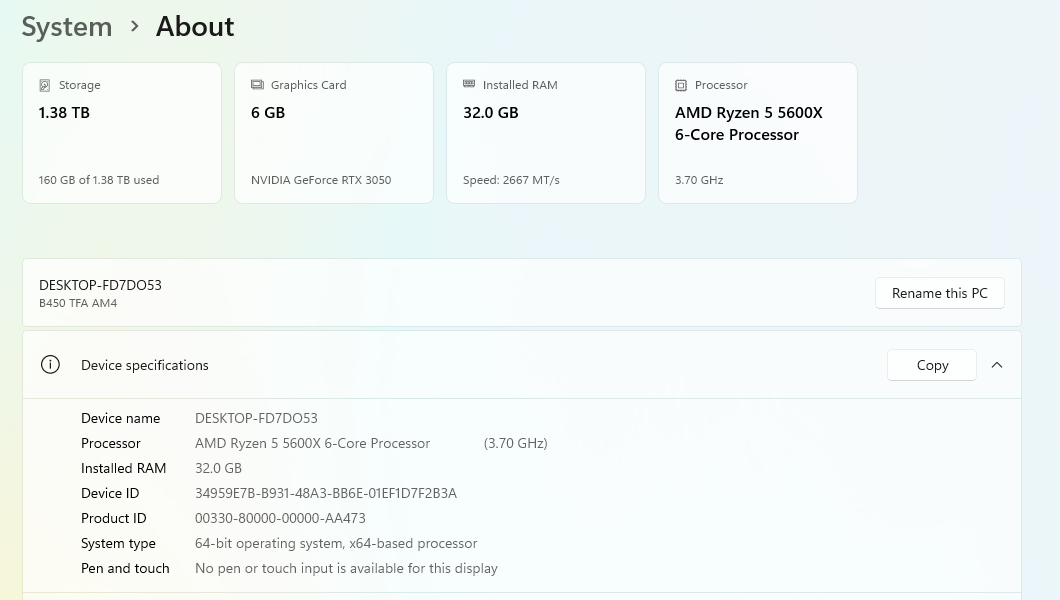 Gaming PC Ryzen 5 5600X 3.70GHz, 32GB, 512GB + 1TB SSD, RTX 3050 6GB