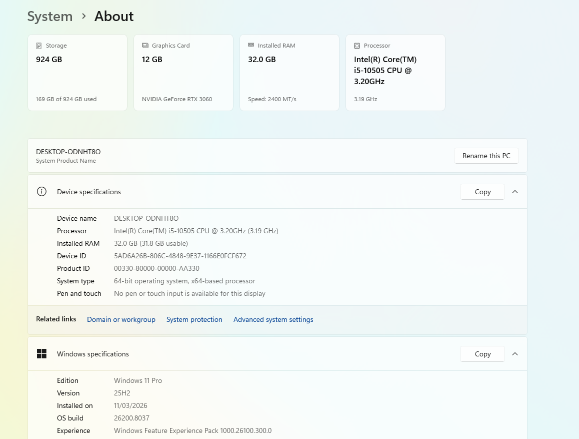 Gaming PC i5-10505 3.20GHz, 32GB, 512GB SSD + 500GB SSD, RTX 3060