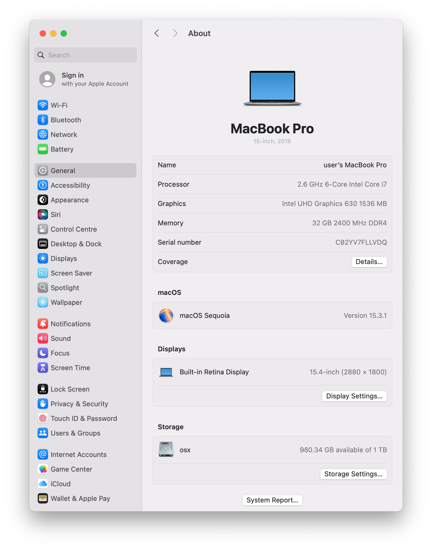 Apple MacBook Pro A1990 15" 2019, 6-Core i7, 32GB, 1TB, Radeon Pro 555X 4GB