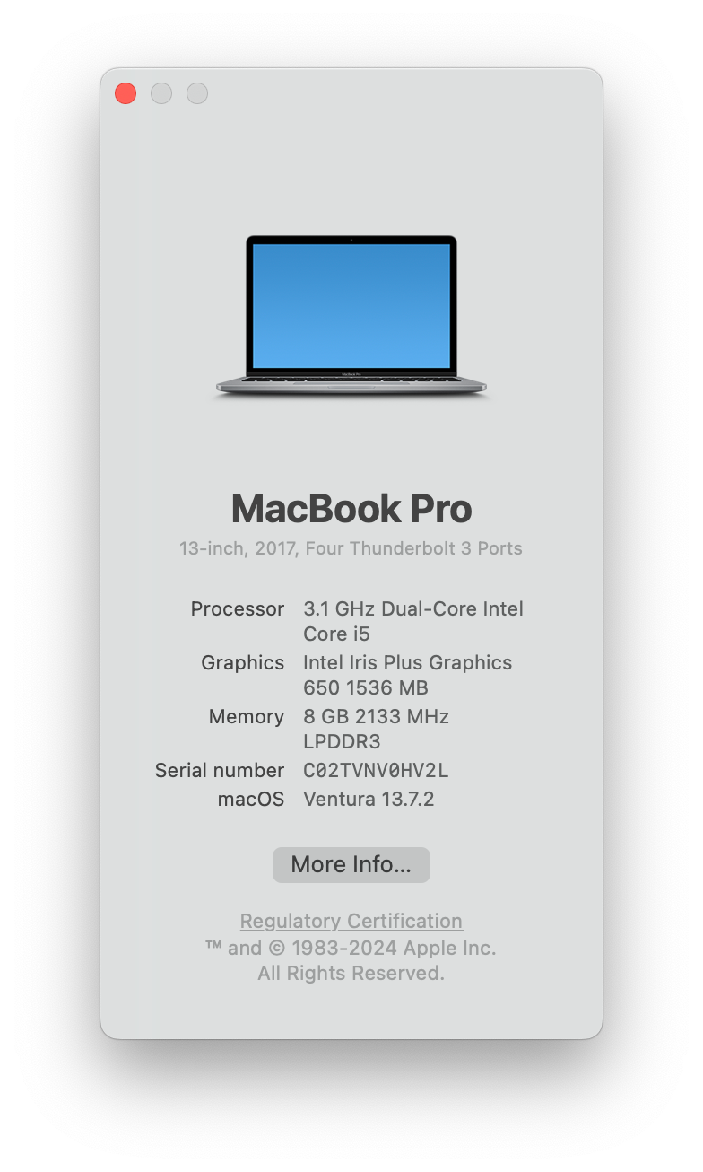 Apple MacBook Pro A1706 13" 2017 Laptop, Dual Core i5, 8GB, 256GB SSD