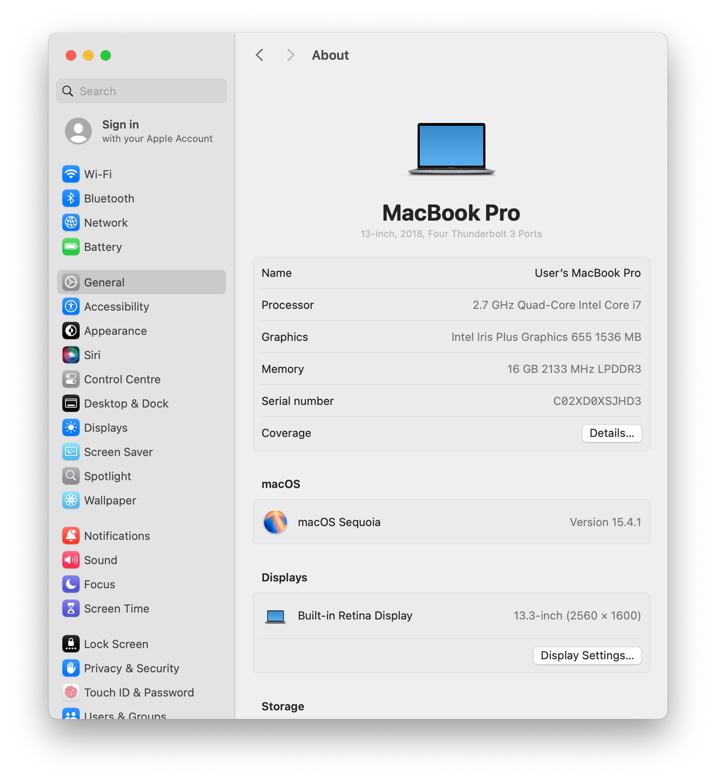 Apple MacBook Pro A1989 13" 2018 Laptop, Quad-Core i7 2.7GHz, 16GB, 1TB