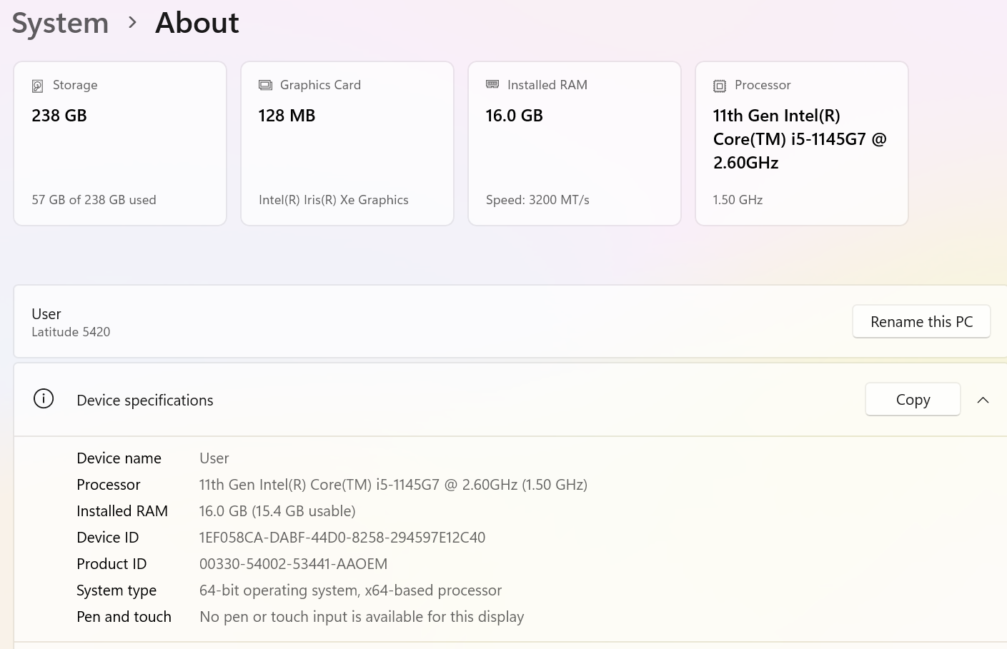 Dell Latitude 5420 14" FHD Laptop, i5-1145G7 2.60GHz, 16GB, 256GB