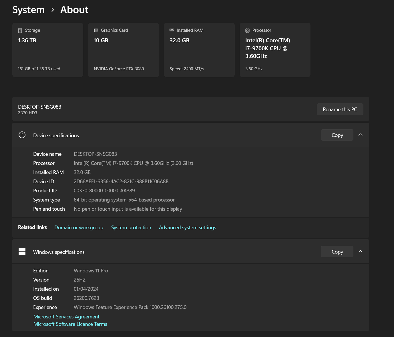 Gaming PC i7-9700K 3.60GHz, 32GB, 512GB SSD + 1TB SSD, RTX 3080 10GB