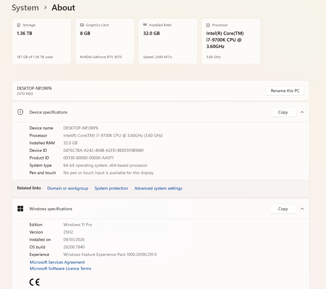 Gaming PC i7-9700K 3.60GHz, 32GB, 512GB SSD + 1TB SSD, RTX 3070 8GB