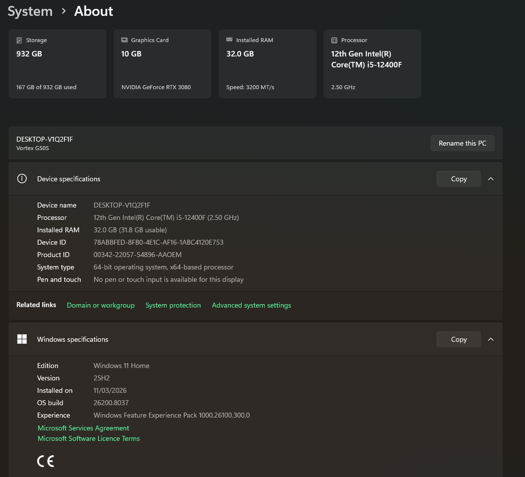 Gaming PC i5-12400F 2.50GHz, 32GB, 1TB SSD, RTX 3080 10GB